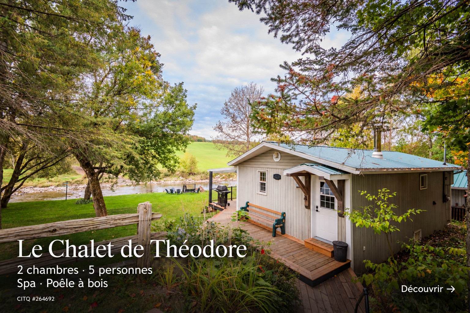Découvrir le Chalet de Théodore — 2 chambres, 5 personnes, spa et poêle à bois, au bord de la rivière Nicolet.